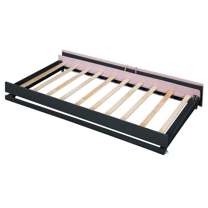 Roomfitters Twin Size Velvet Upholstered Daybed with Pop Up Trundle, Space Saving Sofa Bed Frame with Slats