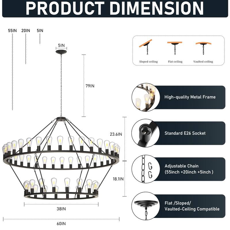 Industrial Style High Ceiling Pendant Extra Large Wagon Wheel Chandelier, Adjustable Chain, for Dining Rooms Living Rooms