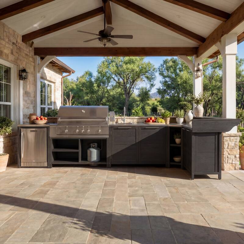 Modular Outdoor Kitchen Cabinet Set 100% Solid Wood Patio BBQ Island with Stainless Steel Countertop