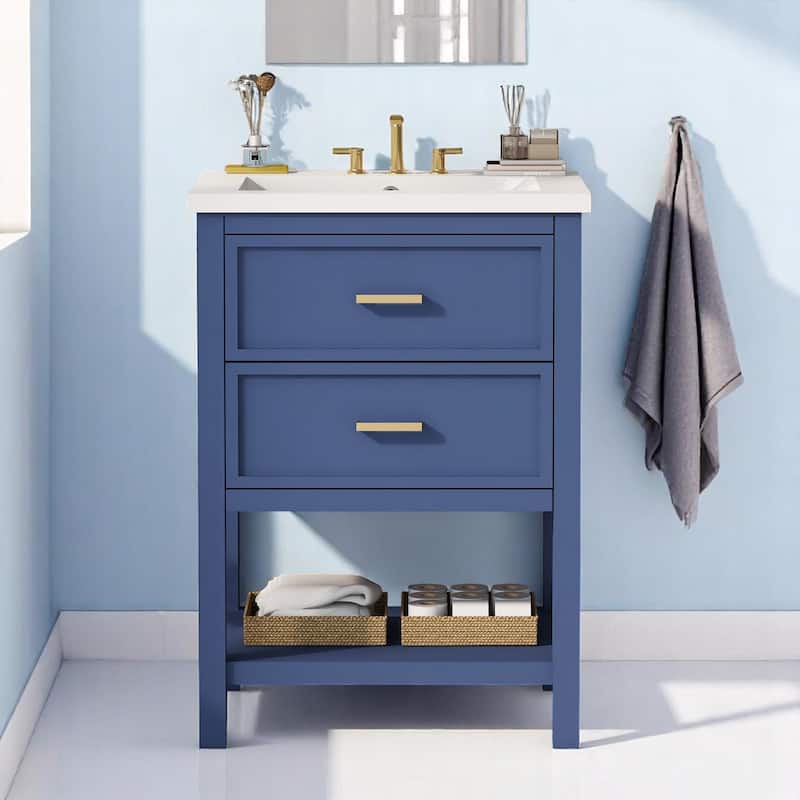 Modern 24 Inch Bathroom Vanity with Sink Combo, White and Gold Finish, 2 Drawers, Freestanding Cabinet - Blue