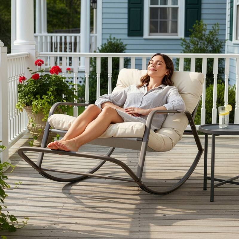 Oversized Outdoor Papasan Rocking Lounge Chair with Thick Cushion, Heavy-Duty Metal Patio Rocker Recliner, 450 lbs Capacity