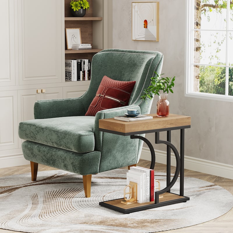 2 Tiers C Shaped Narrow End Chairside Table for Living Room