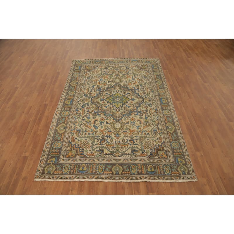 Hand Knotted Oriental 100% Wool Carpet Traditional Floral Beige & Ivories Tabriz Area Rug - 9' 3'' X 6' 1''