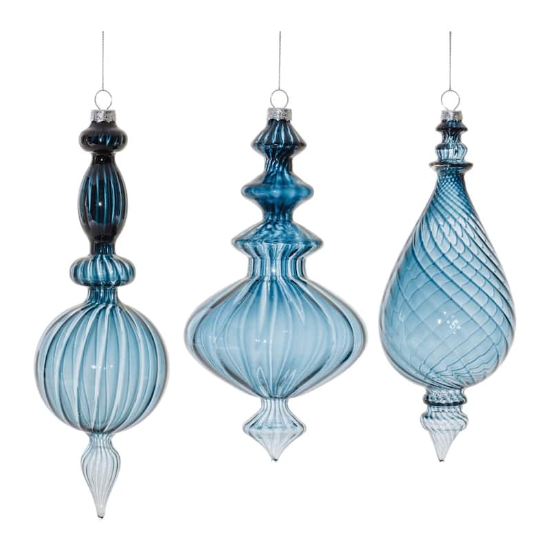 Ribbed Glass Finial Drop Christmas Ornaments - 10.25" - Blue - 6ct