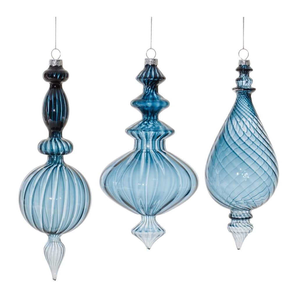 Ribbed Glass Finial Drop Christmas Ornaments - 10.25" - Blue - 6ct