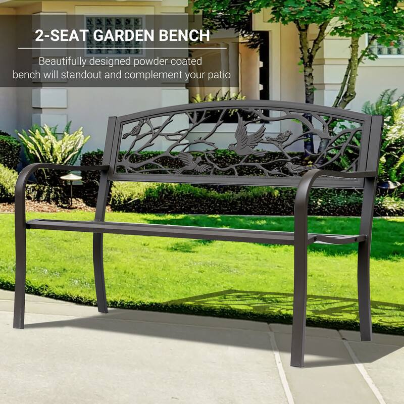 Garden Bench, Outdoor Patio Bench With Animal Pattern, Cast Steel Metal Bench For Yard, Lawn, Porch - Brown