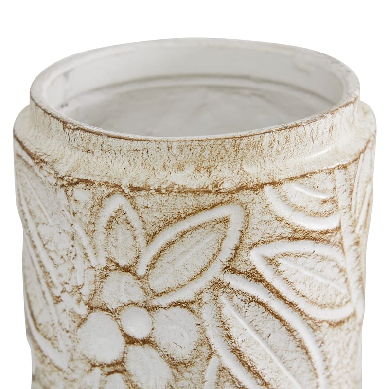 Ceramic Handmade Intricately Carved Decorative Jars with Wood Lids - Set of 2 White - Roche River Decor - 6"W x 11"L x 10"H