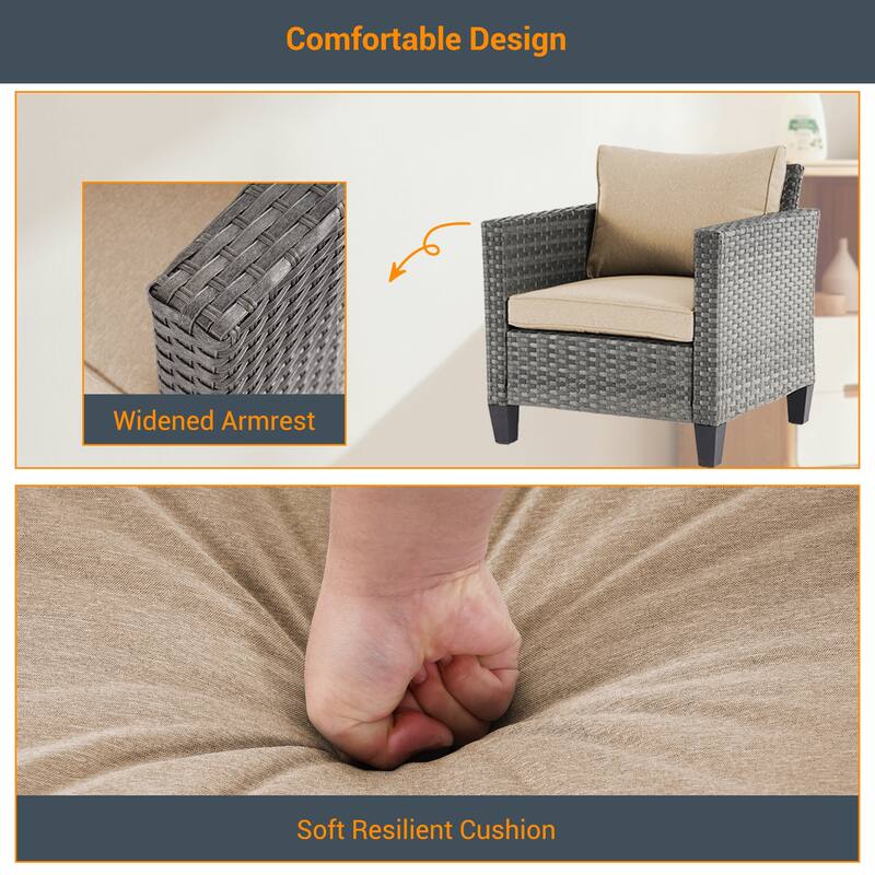 Livoosun 8 Pieces Patio Sofa with 28'' Fire Table Set, PE Wicker, Wide Armrests High Back Sofa Chair Design for Lawn, Patio