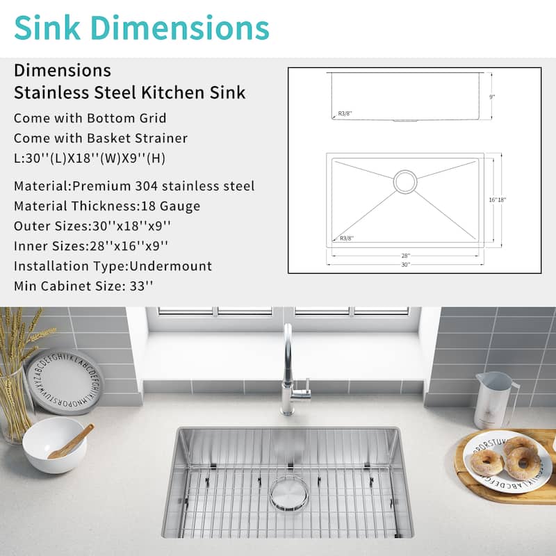 Easygo 304 Premium Stainless Steel Single Bowl 30'' x 18'' x 9'' Undermount Handmade Kitchen Sink - 18*30*9