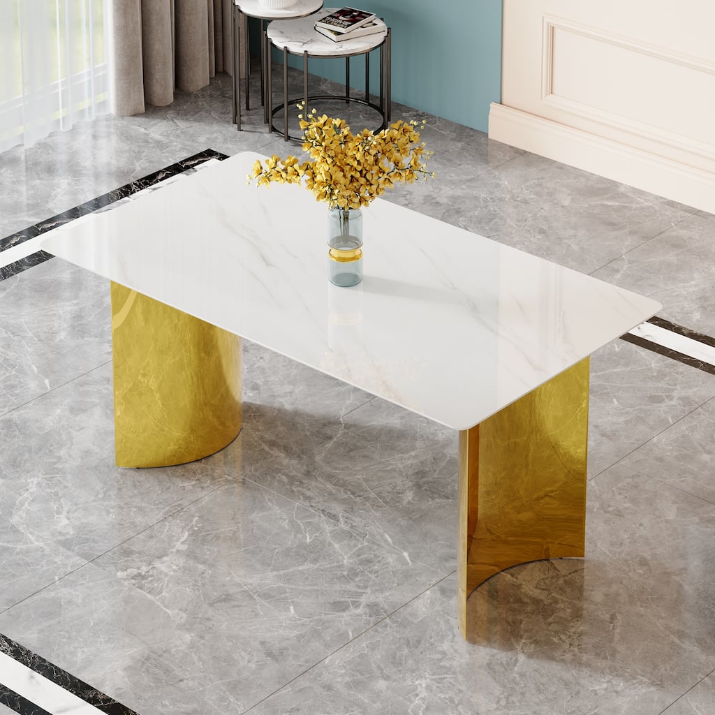 Modern minimalist dining table. White imitation marble glass sticker tabletop, golden table legs, stable and beautiful.