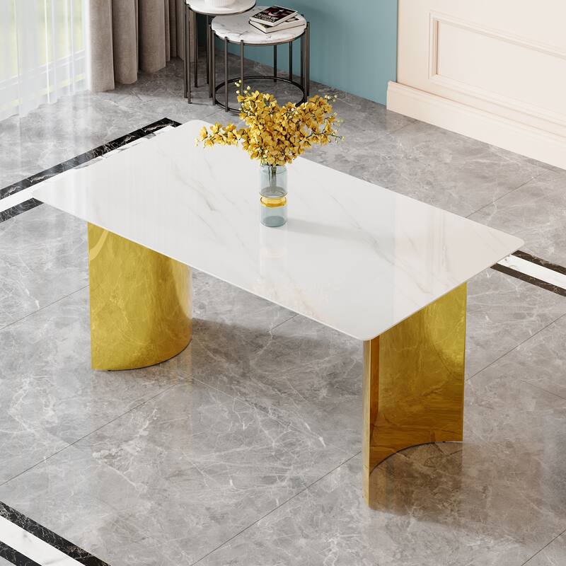 Roomfitters Modern Dining Table with White Marble Glass Top and Gold Legs for Living Room or Dining Space, White - White