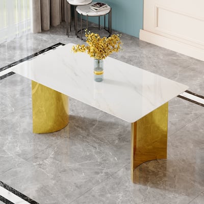 Roomfitters Modern Dining Table with White Marble Glass Top and Gold Legs for Living Room or Dining Space, White