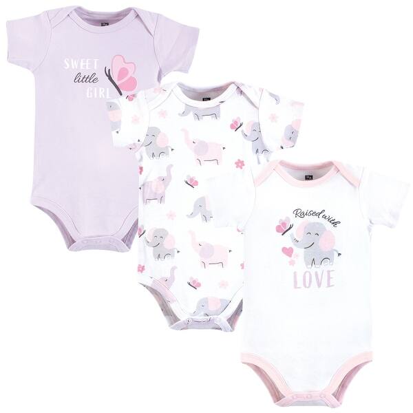 slide 1 of 1, Hudson Baby Infant Girl Cotton Bodysuits, Elephant Butterfly 0-3 Months - Elephant Butterfly