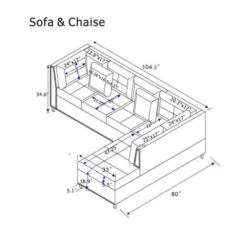 104.5" Gray Upholstered Sofa Set with Comfortable Coin-Spring Cushions, Sturdy Frame, Chaise Lounge, Versatile Storage Ottoman