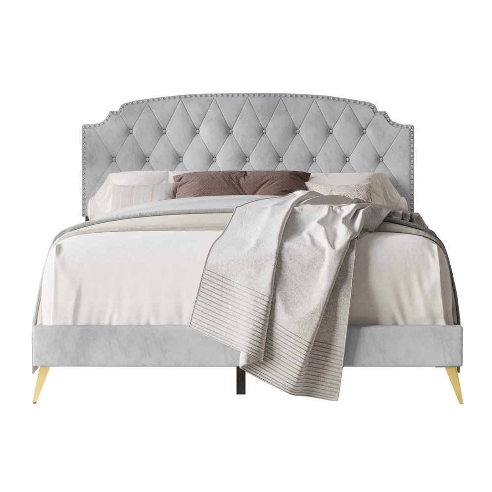 CraftPorch Velvet Button Tufted Upholstered Gold Accent Platform Bed