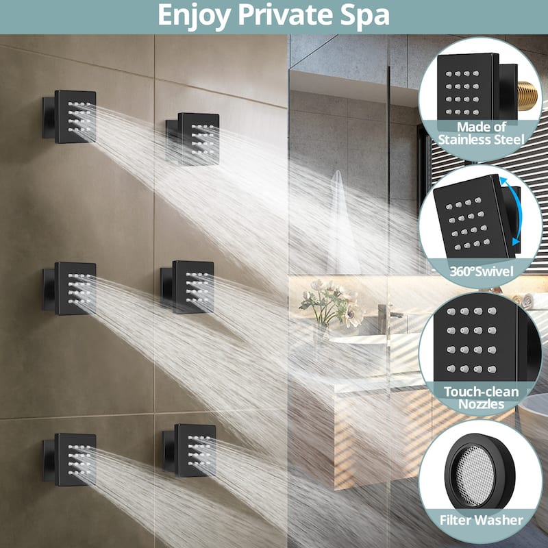 64 LED Thermostatic Shower Faucet 22"x15" Rainfall & Waterfall Shower System 5 Way Digital Display Valve w/ 6 Body Jets