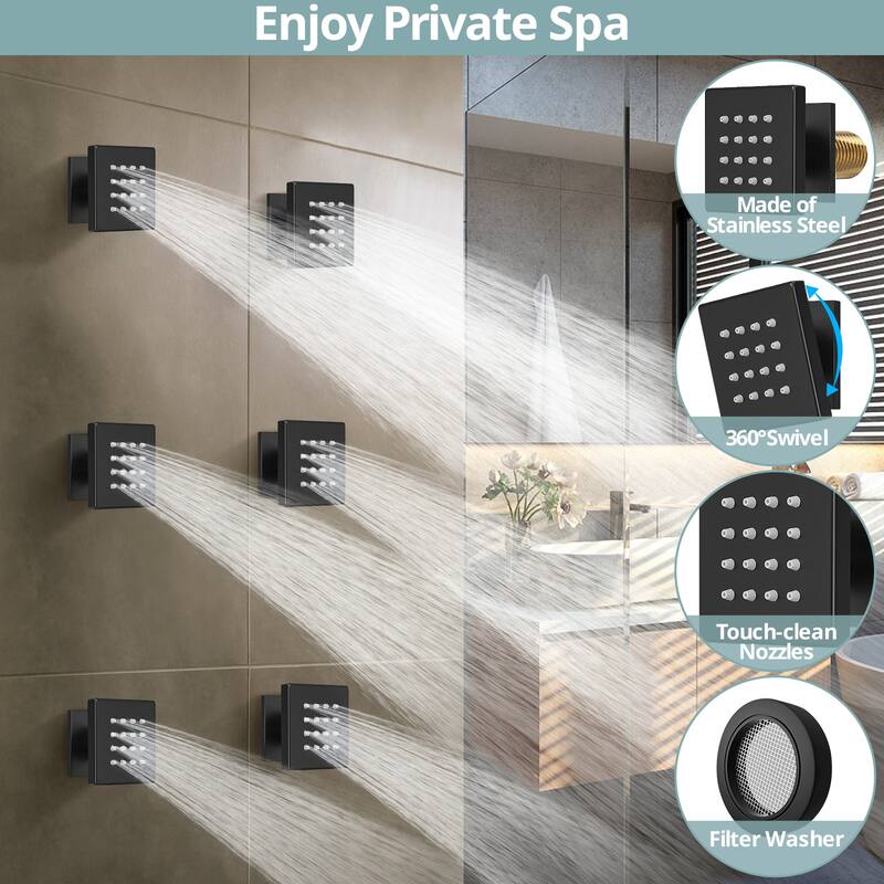 Dual Heads Thermostatic Shower System 12" Wall Rain Shower Head & 12" Ceiling High Pressure Shower Faucet with 6 Body Jets