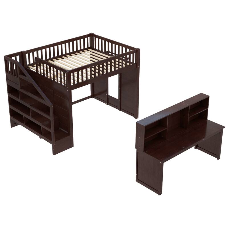 Espresso Loft Bed with Desk Bookshelf Storage Stairs Wood Loft Bed Frame