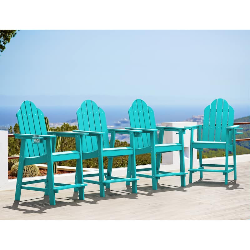Outdoor Adirondack Chairs with Cup Holder Bar Height Adirondack Bar Stool with Arms for Patio, Garden, Deck (Set of 4) - Aruba Blue