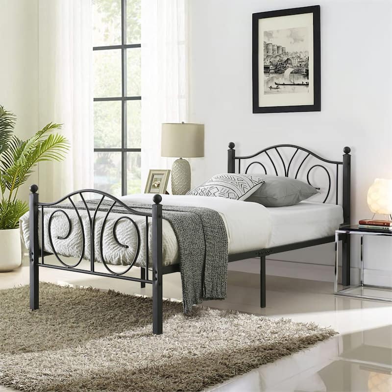 Black Vintage Scroll Metal Platform Bed Frames with Headboard