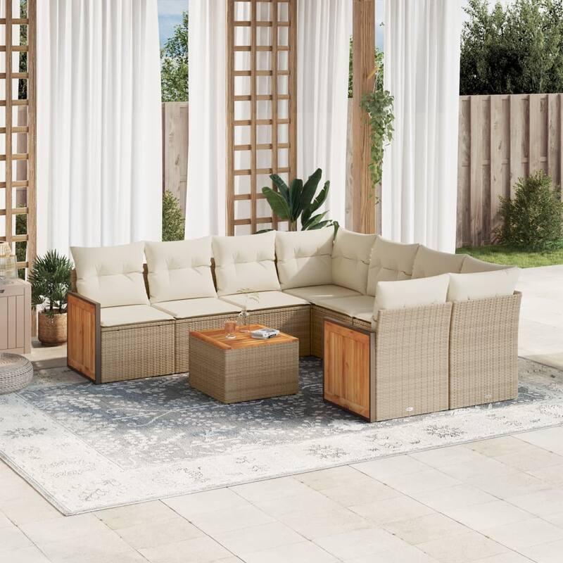 vidaXL Patio Sofa Set with Cushions Outdoor Furniture 9 Piece Poly Rattan - Beige and Cream - 21.7 x 21.7 x 14.6