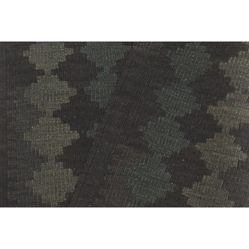 Boho Chic Turkish Kilim Ezra Black Green Hand-Woven Wool Runner - 2'9'' x 7'9''