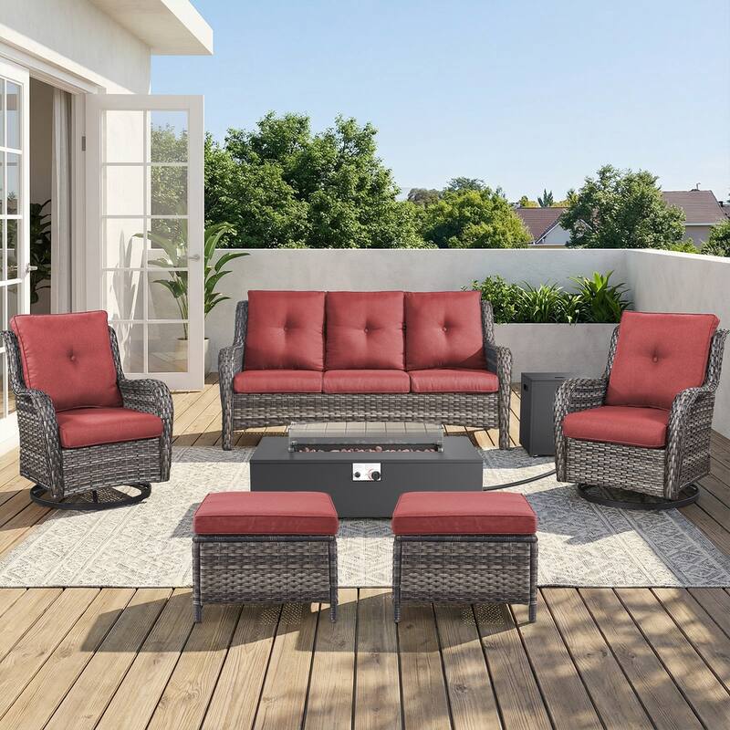 Pocassy Outdoor 7 Pieces Sofa Swivel Chair Ottoman with Fire Table - Gray Wicker Red Cushion - 7-Piece Sofa Swivel Chair Ottoman with Fire Table
