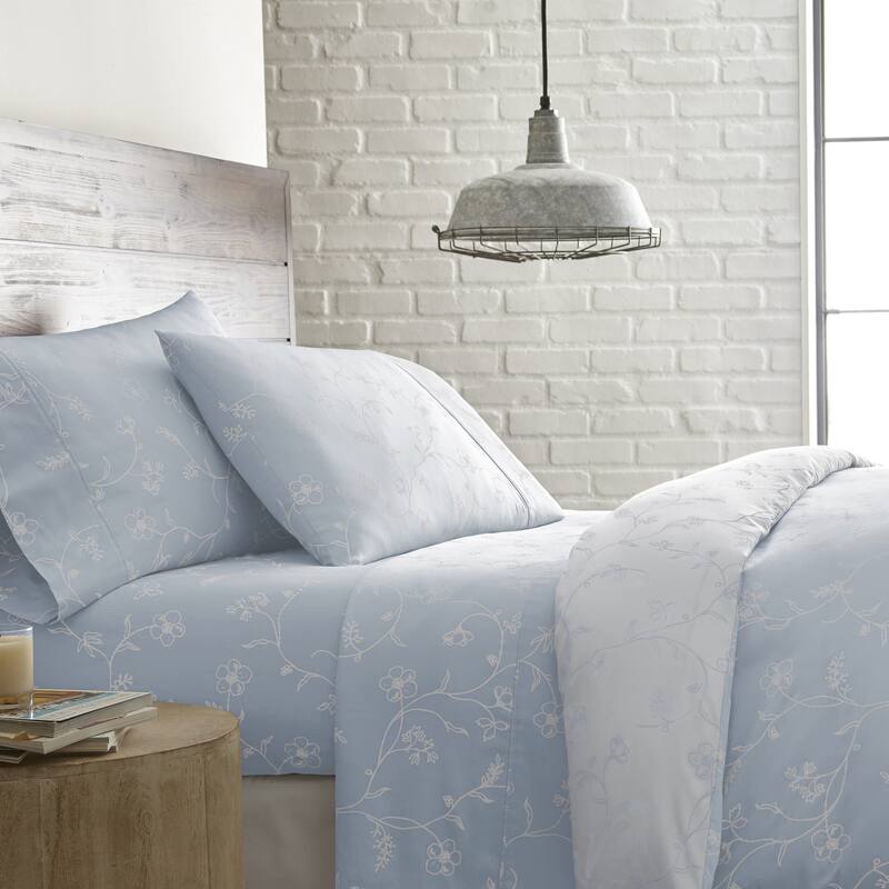 Luxury Sweetbrier Extra Deep Pocket 4-piece Cotton Bed Sheet Set - ballard blue with white flowers - Full