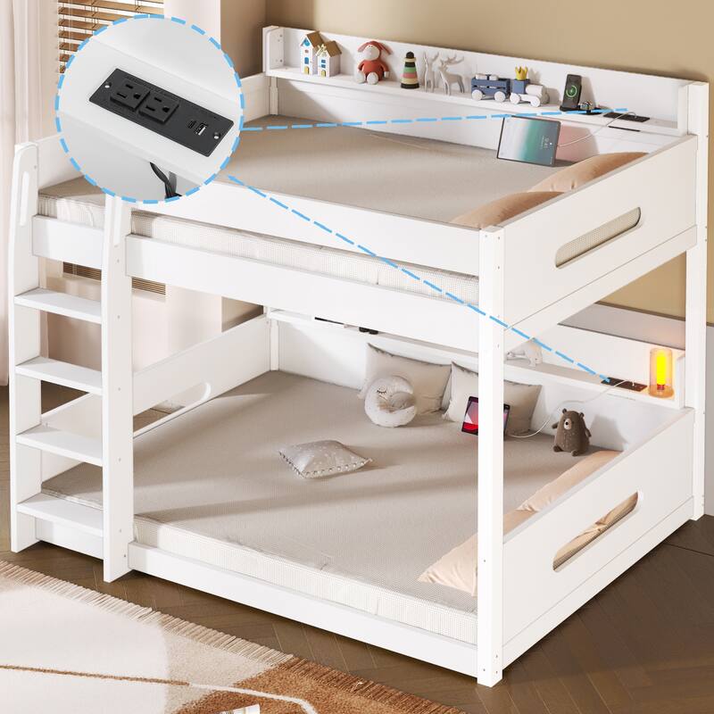 Queen Over Queen Bunk Bed with Storage Shelves on Both Upper and Lower Bunks and Built-In USB Charging Stations, Floor Bunk Bed - White - Queen