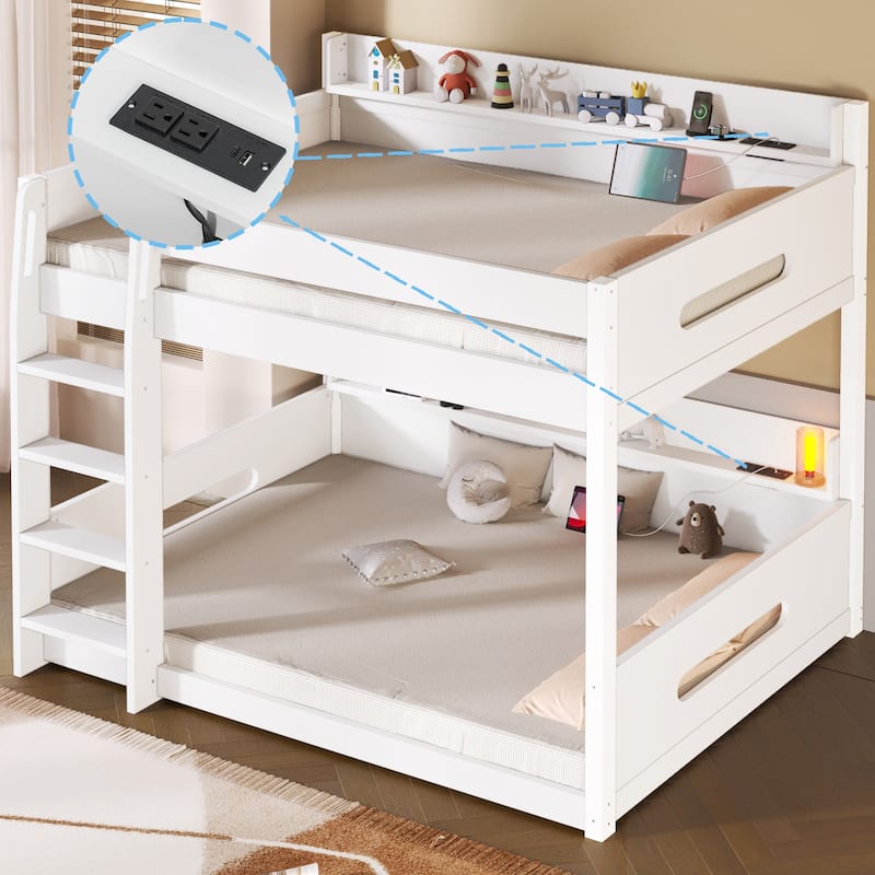 Queen over Queen Bunk Bed with Storage Shelves & Built-in USB Ports, Heavy Duty Metal Frame - White - Queen