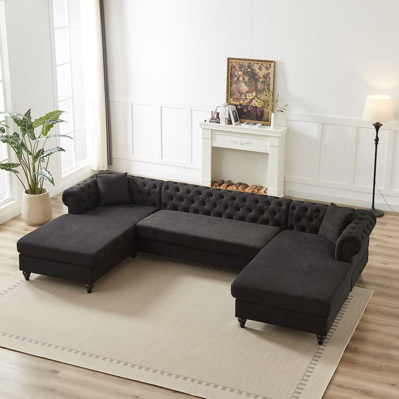 Chenille U-Shaped 5-Seater Sofa with Pull Point Design and Wooden Legs