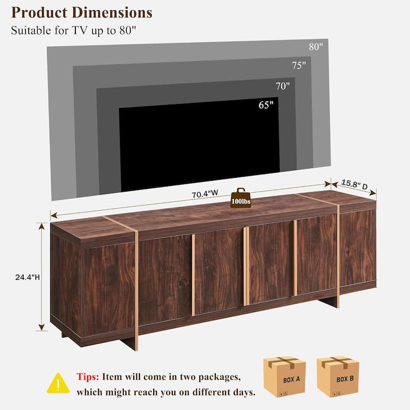 Modern 70" TV Stand, Entertainment Center, Handle-Free Hidden Design