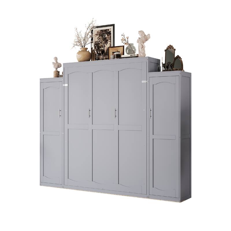 Multifunctional Queen Size Wooden Murphy Bed w/ 2 Wardrobe & Storage Shelf Foldable Wall Bedframe for Guest-Room, Bedroom