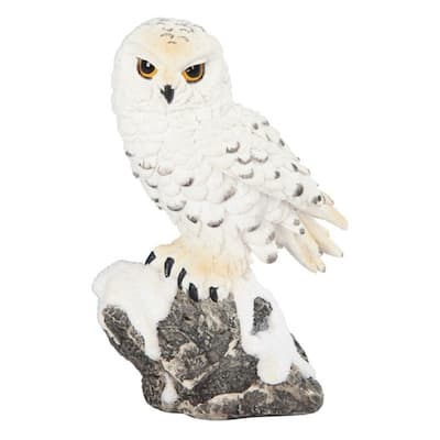 Q-Max 5"H Snowy Owl Standing on Rock Statue Wild Animal Decoration Figurine