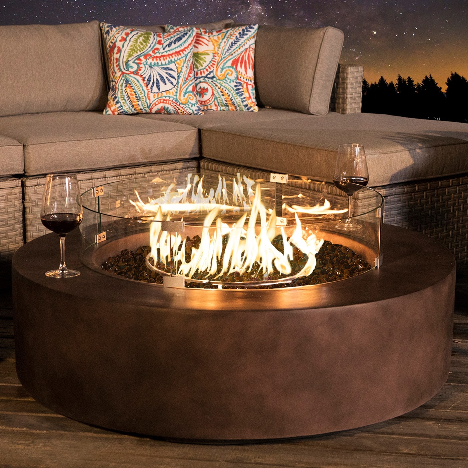COSIEST Outdoor 41''Round Concrete Fire Pit Table with Wind Guard