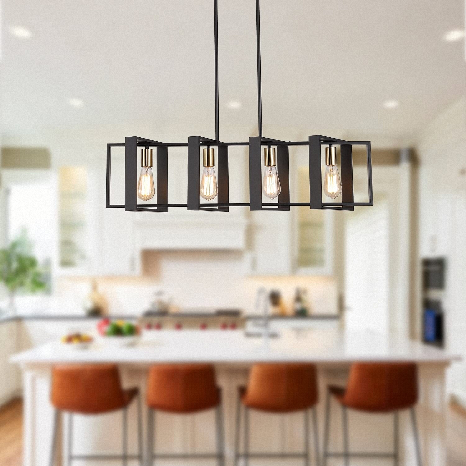 YANSUN 4 Light Farmhouse Kitchen Island Pendant Industrial Black Rectangle Linear Chandelier for Dining Room Living Room On Sale Bed Bath Beyond 37909436