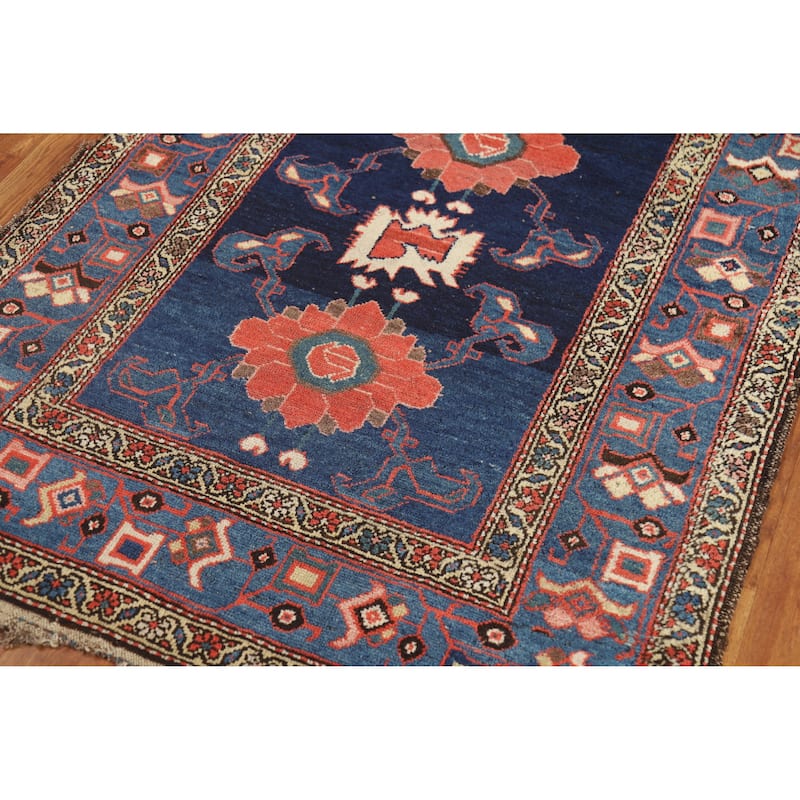 Hand Knotted Oriental 100% Wool Carpet Traditional Floral Navy Blue & Blues Heriz Runner Rug - 14' 9'' X 3' 9''