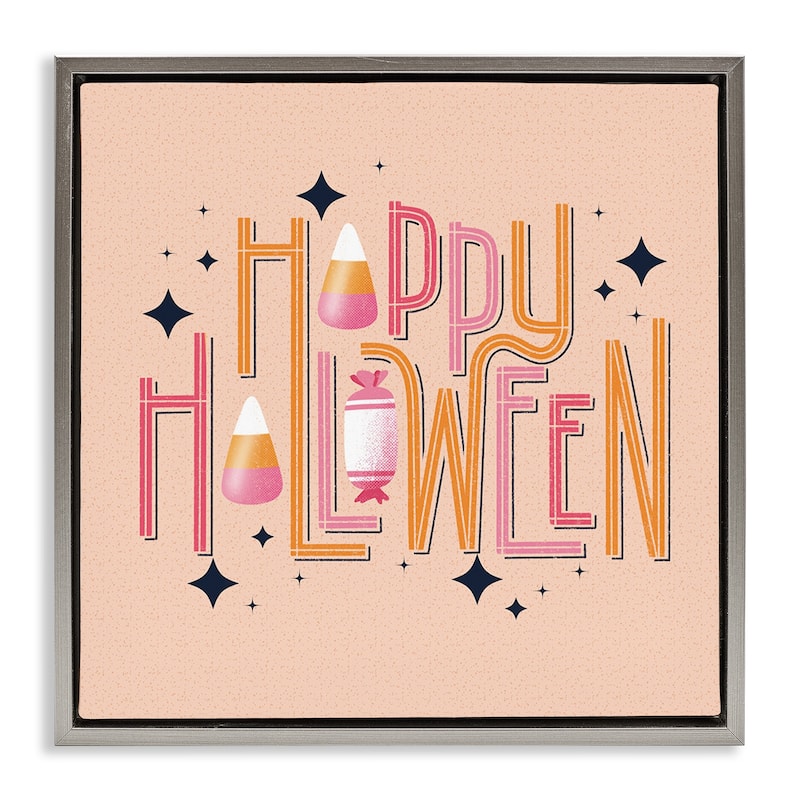 Stupell Happy Halloween with Candy Framed Floater Canvas Wall Art Design By Sarah Hickman - 18 x 18 - Grey