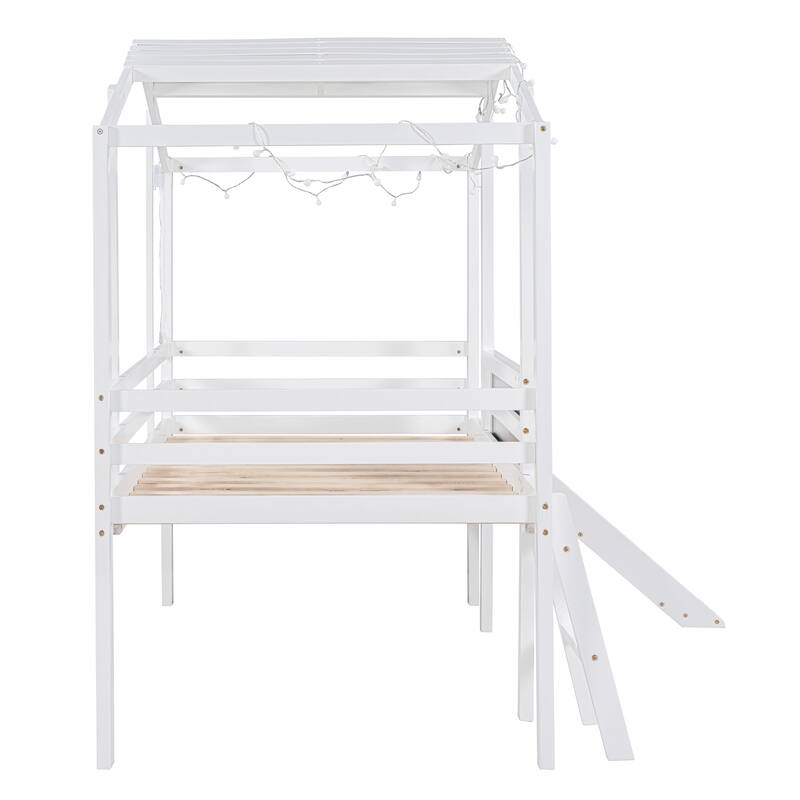 Twin Size Loft Bed with Ladder and Slid, House Bed Frame with Blackboard and Light Strip, Space-Saving Bed No Box Spring Needed