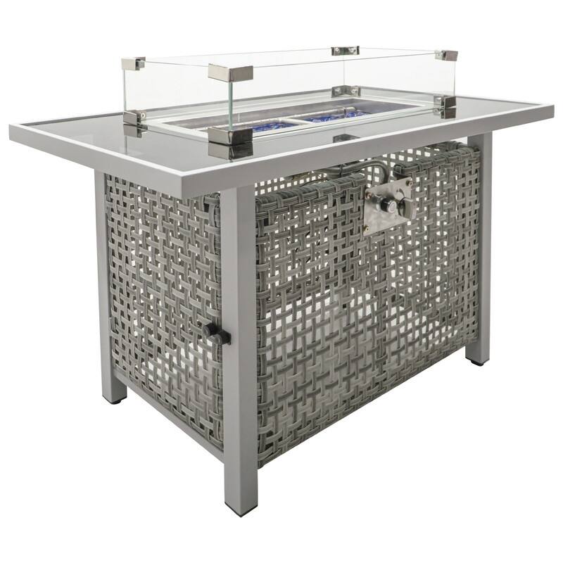 43" Propane Gas Fire Pit Table, 60000 BTU Rectangular Open Weave Wicker Fire Pit with Glass Wind Guard