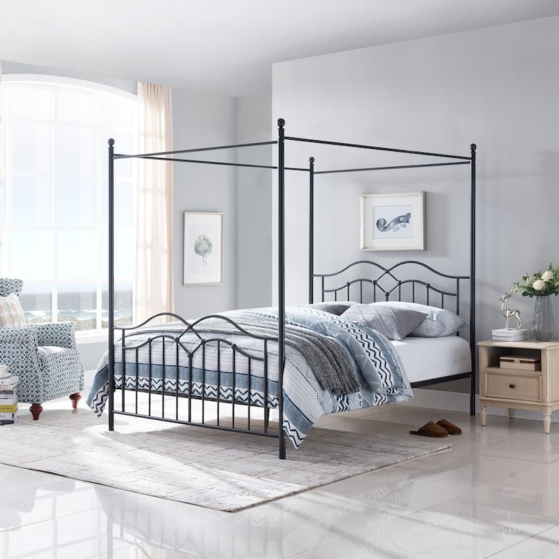 Christopher Knight Home - Voss Queen Iron Canopy Bed Frame with Four-Post Canopy Design