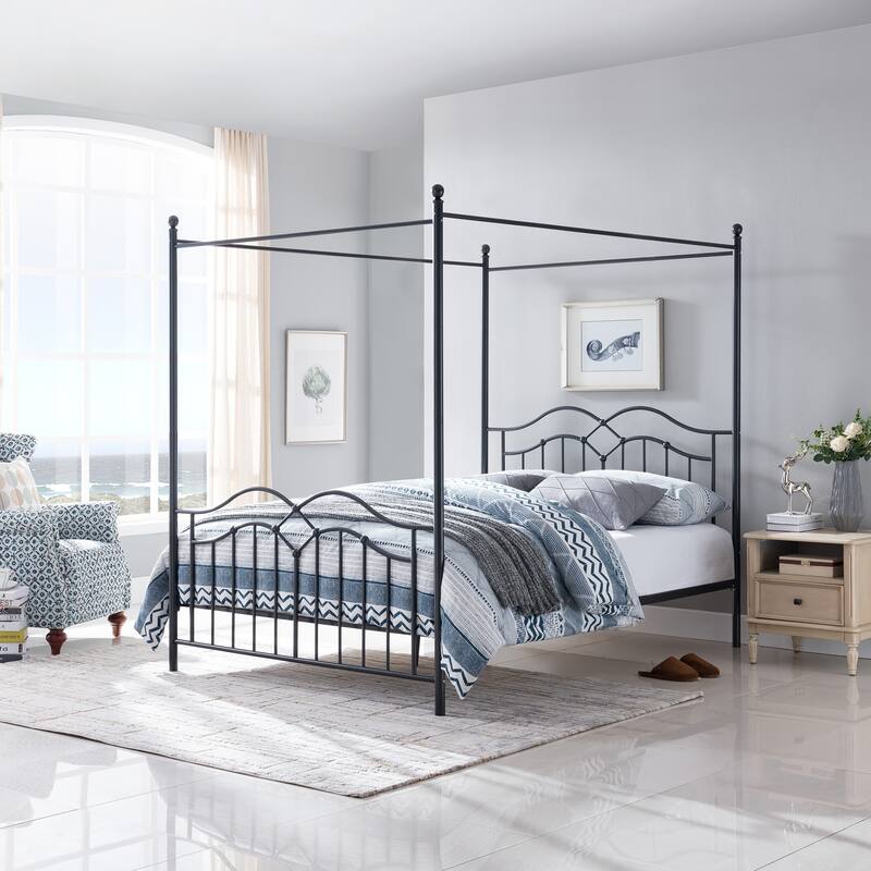 Christopher Knight Home - Voss Queen Iron Canopy Bed Frame with Four-Post Canopy Design
