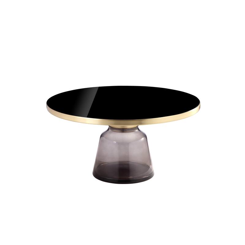 Len 30 Inch Coffee Table, Gray Blown Glass Bell Base, Funnel Top Gold Steel