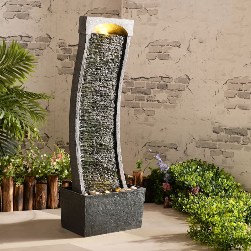 Teamson Home Modern Curved Faux Slate Waterfall Fountain with LED Lights - Indoor Outdoor Decor