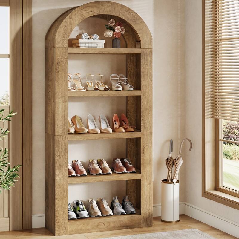 70.9'' Tall Brown Arched Bookshelf with Storage
