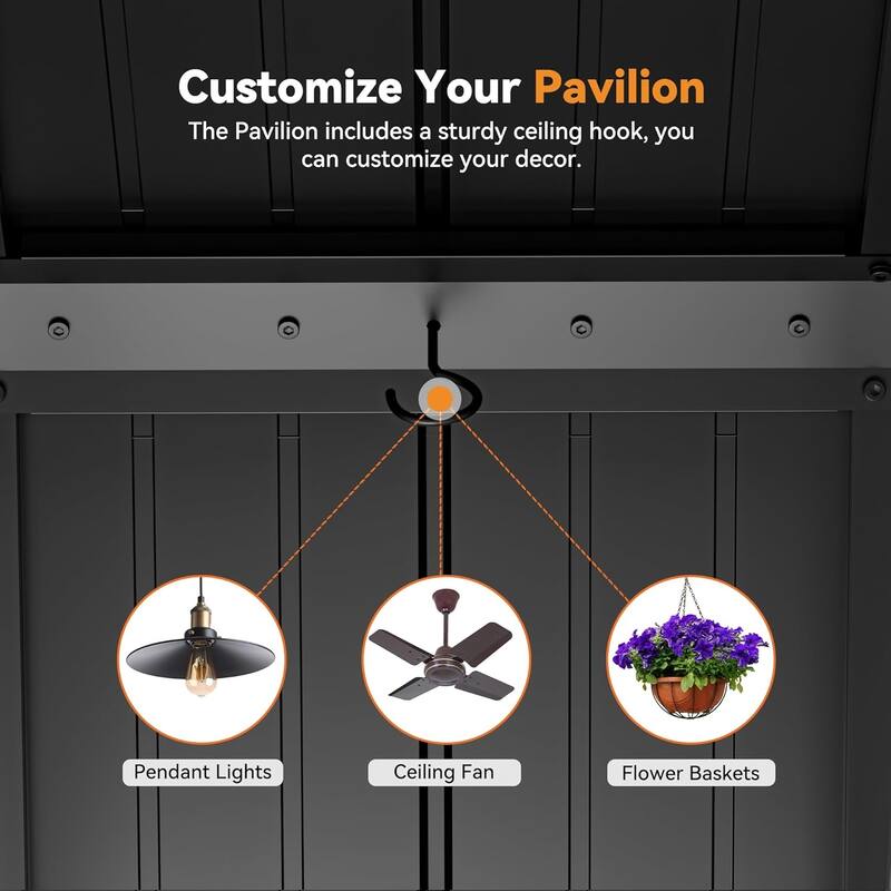 Permanent Hardtop Gazebo 12' x 24' with 4 LED Lights, Outdoor Gazebo with Galvanized Steel Double Roof,Black