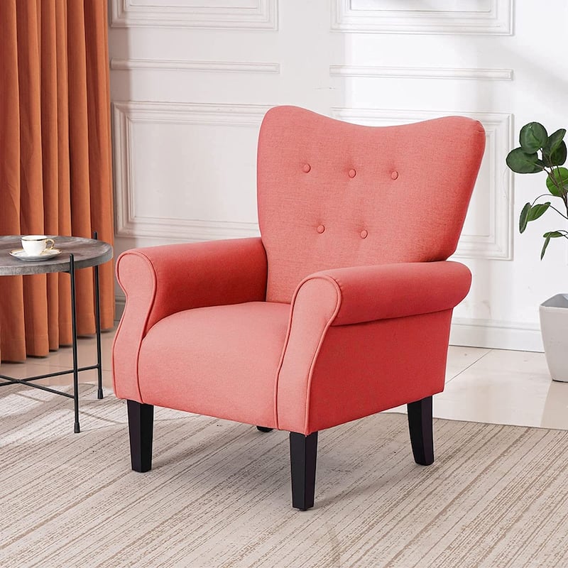 Erommy Modern Accent Chair, High Back Armchair, Upholstered Fabric Button Single Sofa with Wooden Legs for Living Room - Coral - Solid