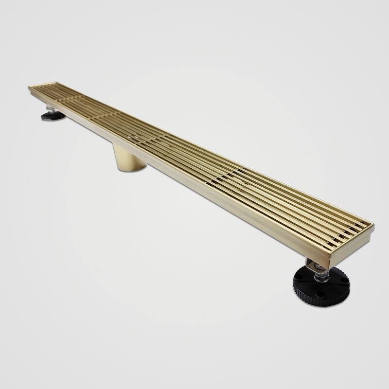 Oceanic Linear Shower Drain, Marine-grade 316 Stainless Steel, Grid Cover with Hair Strainer - Brushed-Gold - 36"x2 3/4"x7/8"