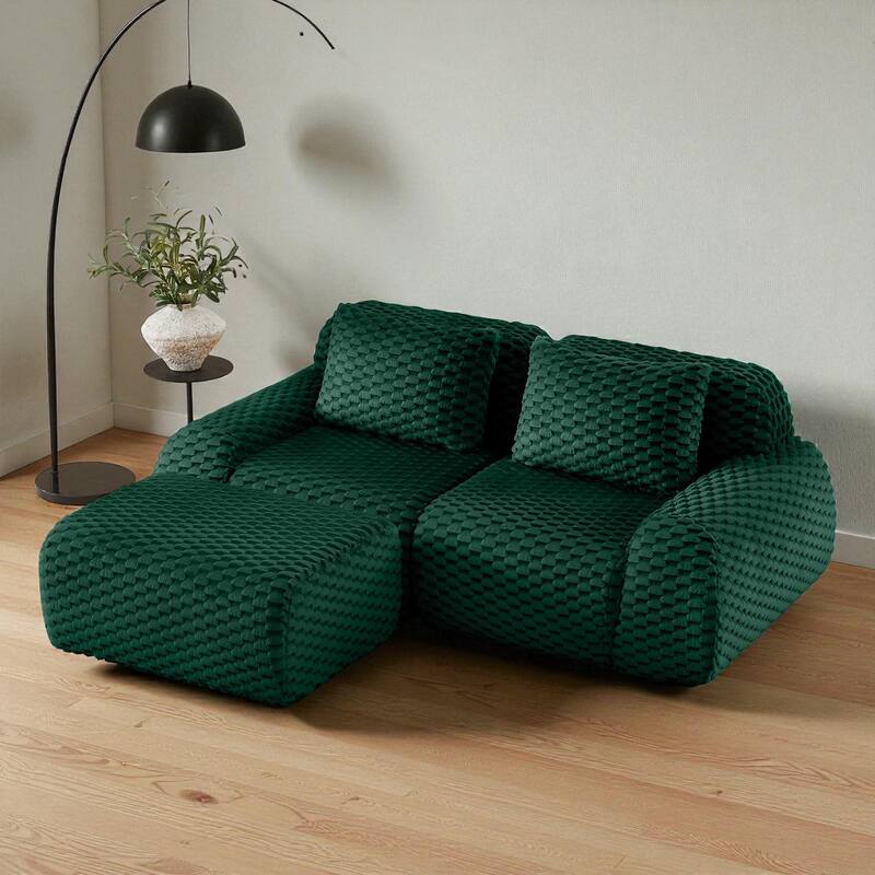 82" Modern L-Shaped Modular Sectional Sofa, Flannelette Fabric Oversized 2-Seater with Movable Ottoman & No-Assembly Design - Green