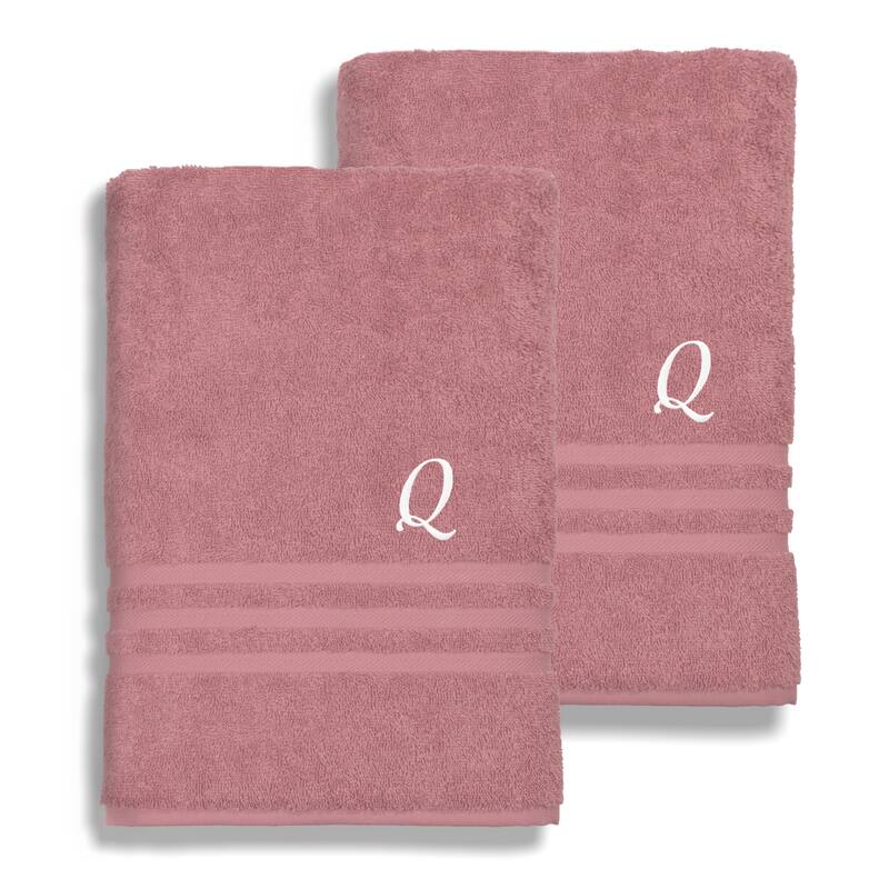 Authentic Hotel and Spa Omni Turkish Cotton Terry Set of 2 Tea Rose Bath Towels with White Script Monogrammed Initial - Q
